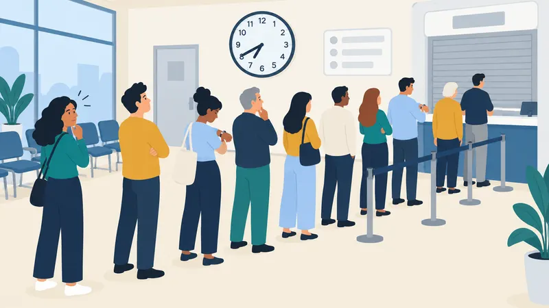 Sala de espera con una fila larga de personas; varias miran el reloj de la pared