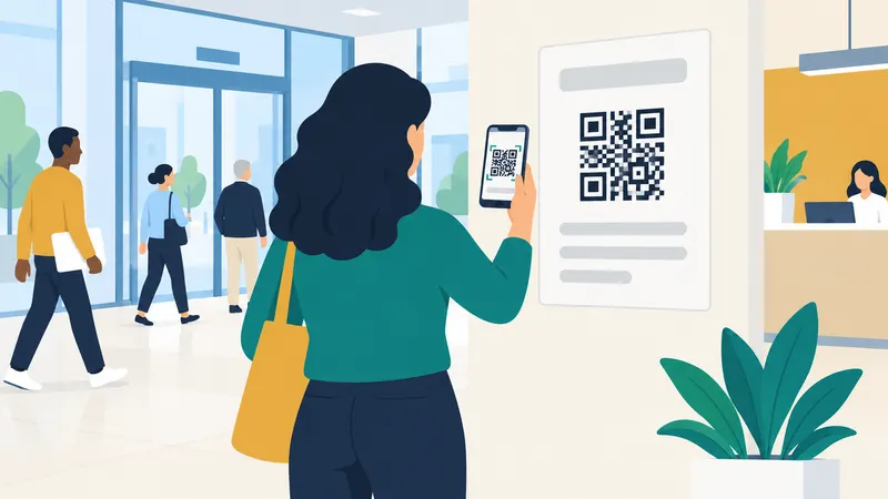 Marta, de espaldas, apunta la cámara de su celular a un código QR pegado en la pared