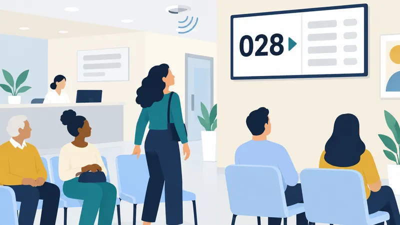 Pantalla grande en la pared que muestra el turno 028 mientras varias personas esperan sentadas